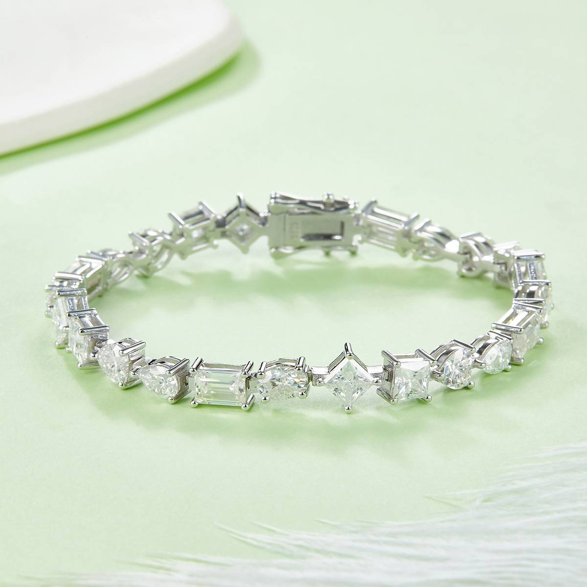 异形拼石网球链S925银镀白金手链莫桑钻0.5CT/粒DVVS
